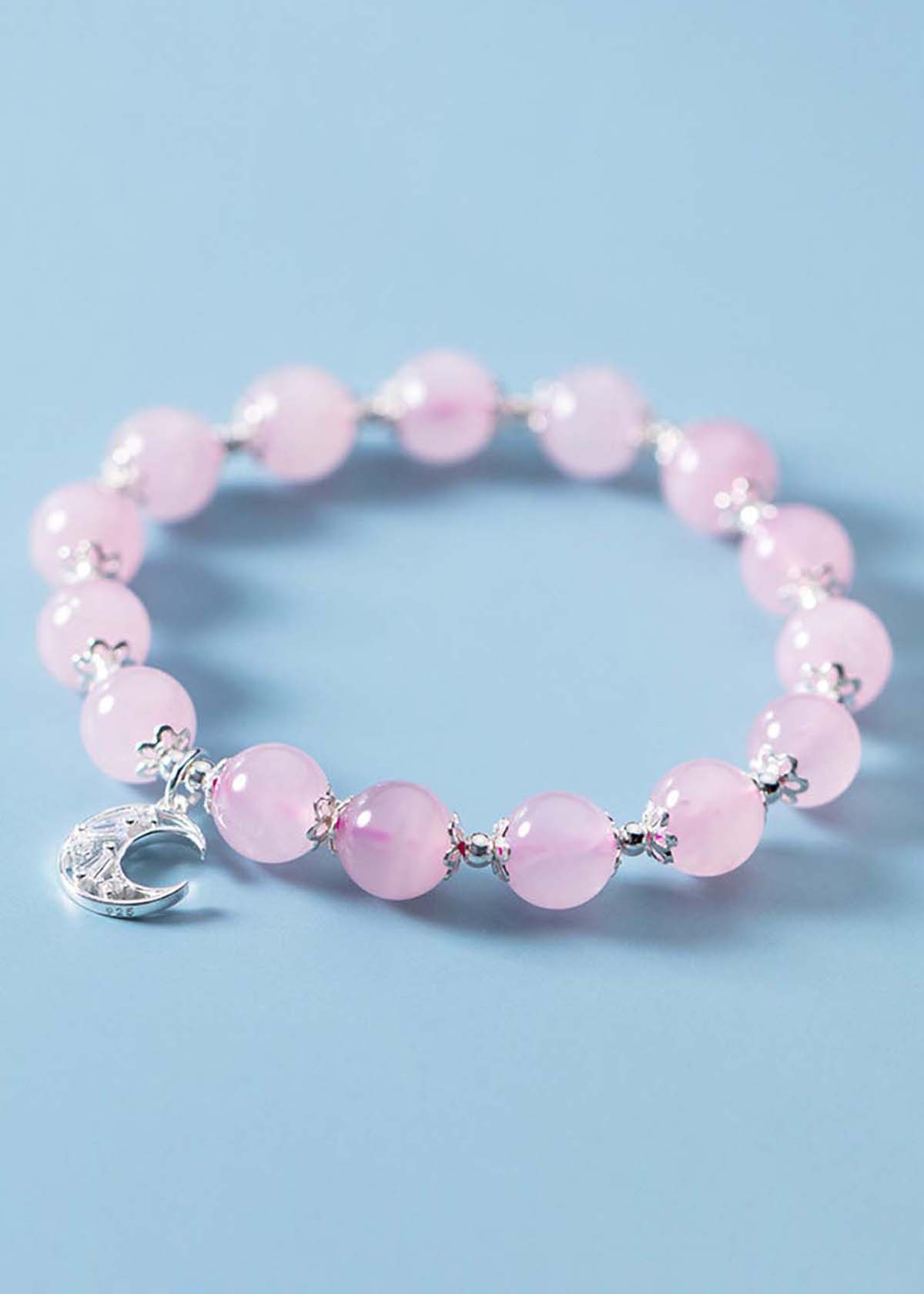 Vòng tay đá thạch anh hồng charm mặt trăng mệnh hỏa, thổ - Ngọc Quý Gemstones