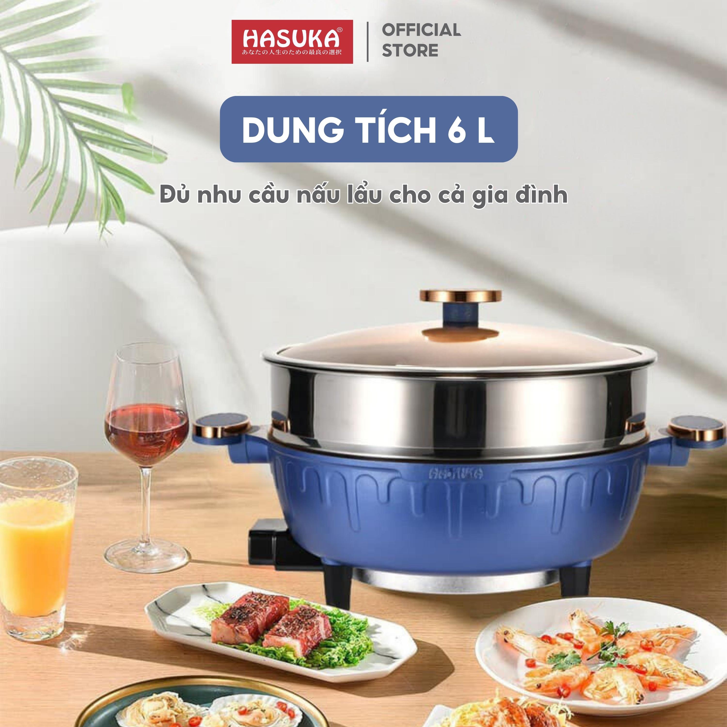 Lẩu điện đa năng HASUKA HSK-356L dung tích 6L, công suất 1500W- Vung kính chịu nhiệt, lòng nồi chống dính an toàn - HÀNG CHÍNH HÃNG