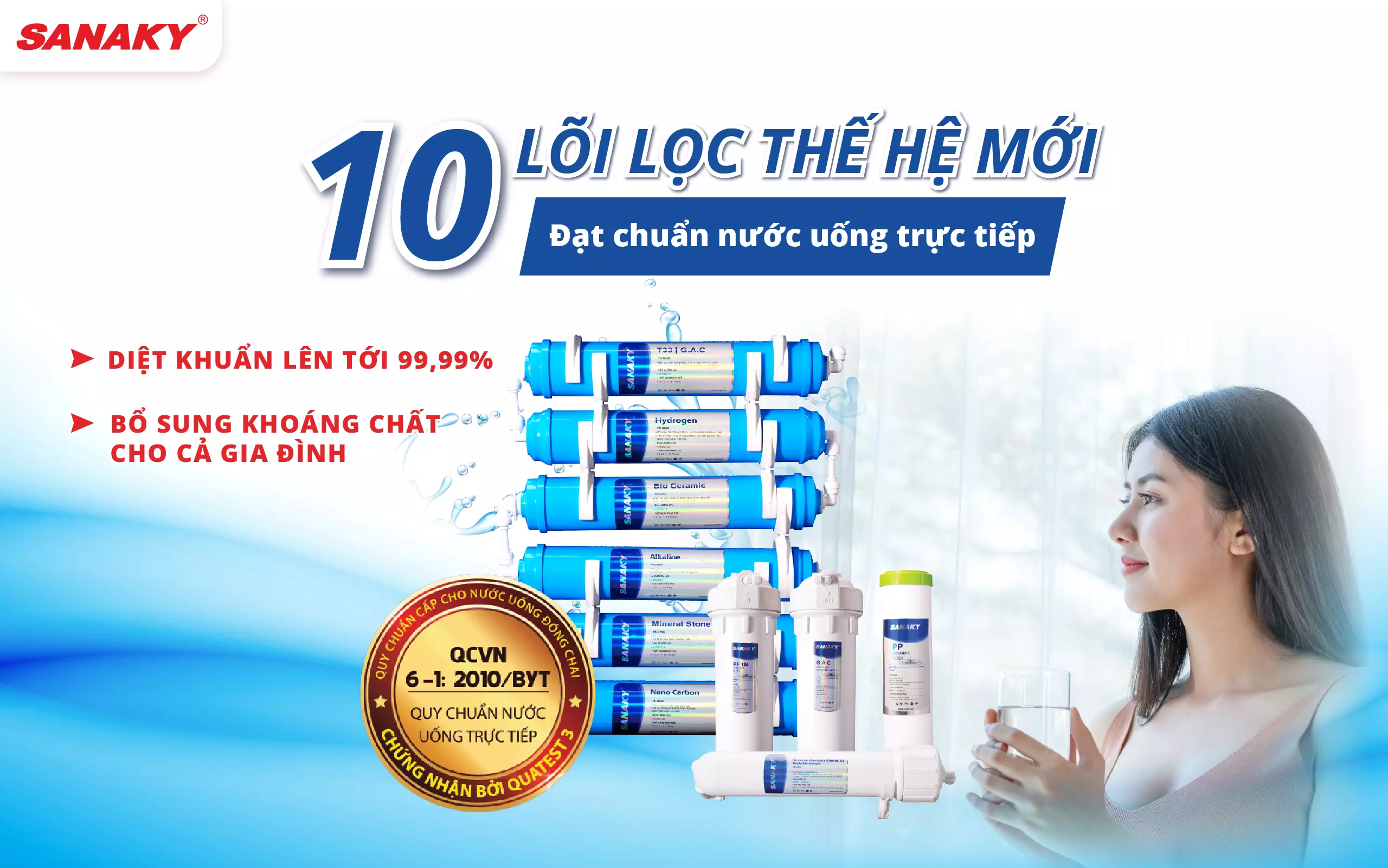 Máy lọc nước Sanaky VH-6210VD - 2 vòi – 3 chế độ nước Nóng – Lạnh – Nguội tiện lợi 10 lõi lọc nước thế hệ mới - Hàng chính hãng