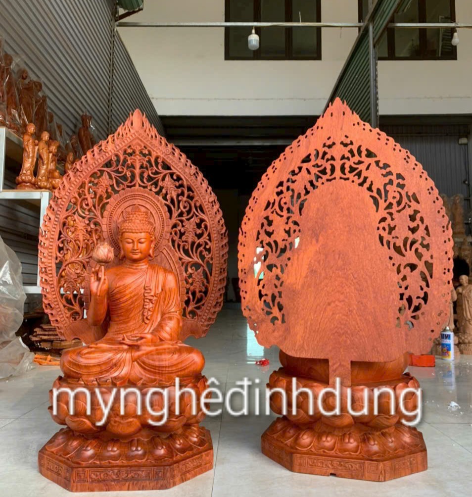 Tượng phật liên hoa bằng gỗ hương đá kt cao 60×36×36cm +lá chắn hào quang cao tổng 81cm