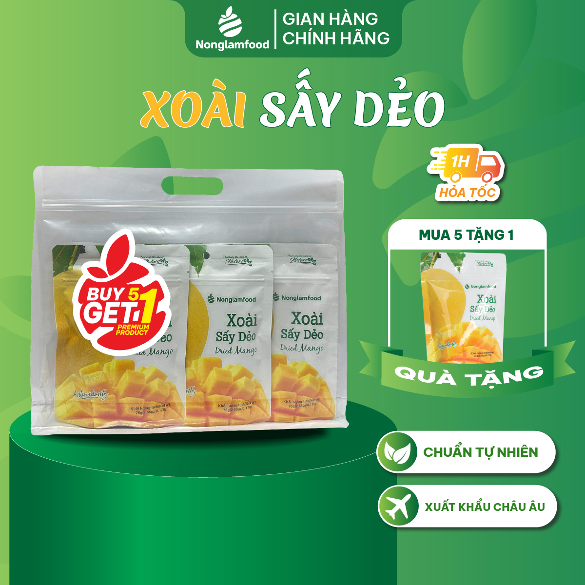 [Mua 5 tặng 1] Combo 5 túi xoài sấy dẻo Nonglamfood 75g |Giàu vitamin, chất xơ