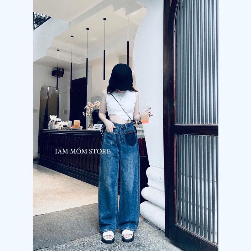 Quần jeans nữ xuông xanh 2 túi trước phối siêu cá tính