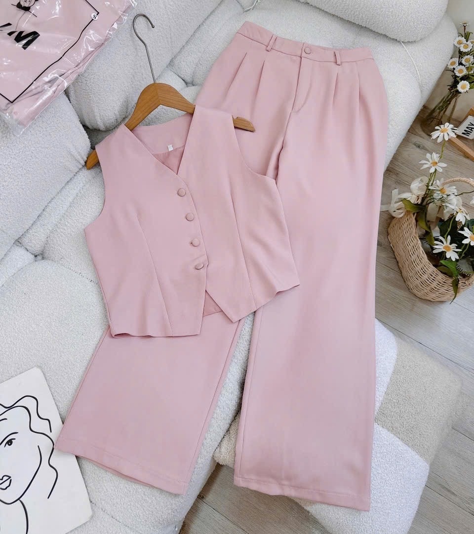 SET ÁO CROPTOP GILE HỒNG PASTEL + QUẦN TÂY DÀI LƯNG CAO ỐNG RỘNG ĐI CHƠI NOEL ĐI TIỆC GIÁNG SINH DẠO PHỐ ĐI BIỂN