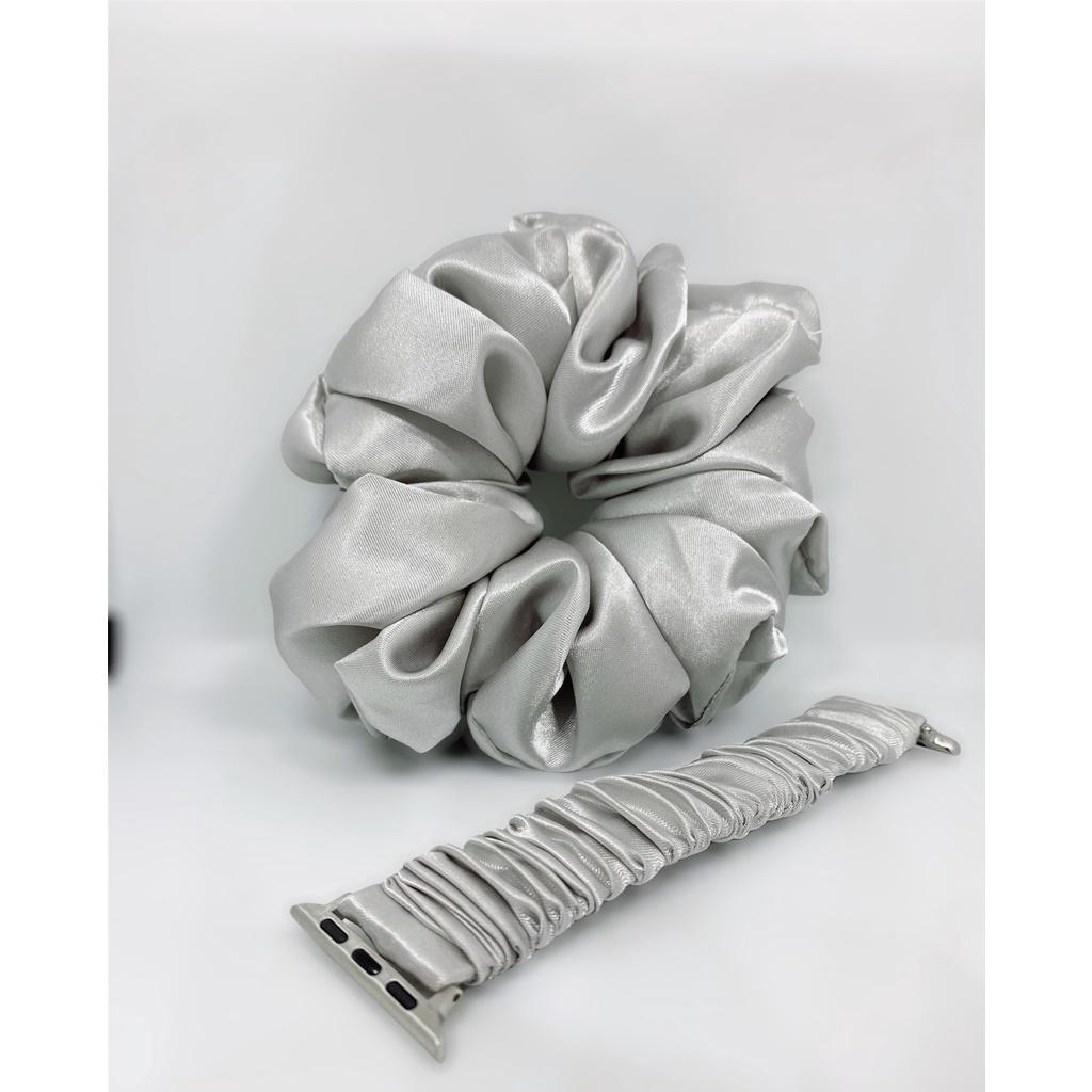 Combo dây đồng hồ apple watch và scrunchies dây cột tóc, buộc tóc vải satin lụa Bạc Noel