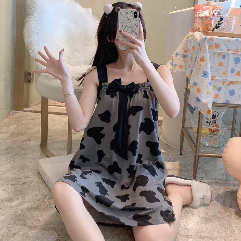 Váy Ngủ 2 dây Bò Sữa chất cotton mềm mát - Đầm mặc nhà kute dễ thương V291