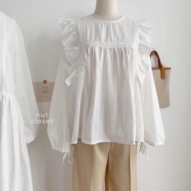 Áo babydoll viền bèo tay bồng sơ mi trắng tiểu thư