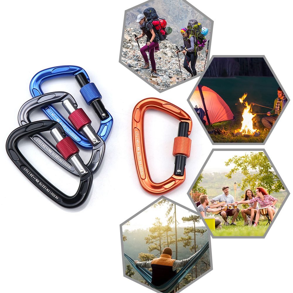 Móc Khóa Carabiner Có Cổng Khóa Vít Chịu Lực Nặng 24KN Cho Võng Cắm Trại Đi Bộ Đường Dài