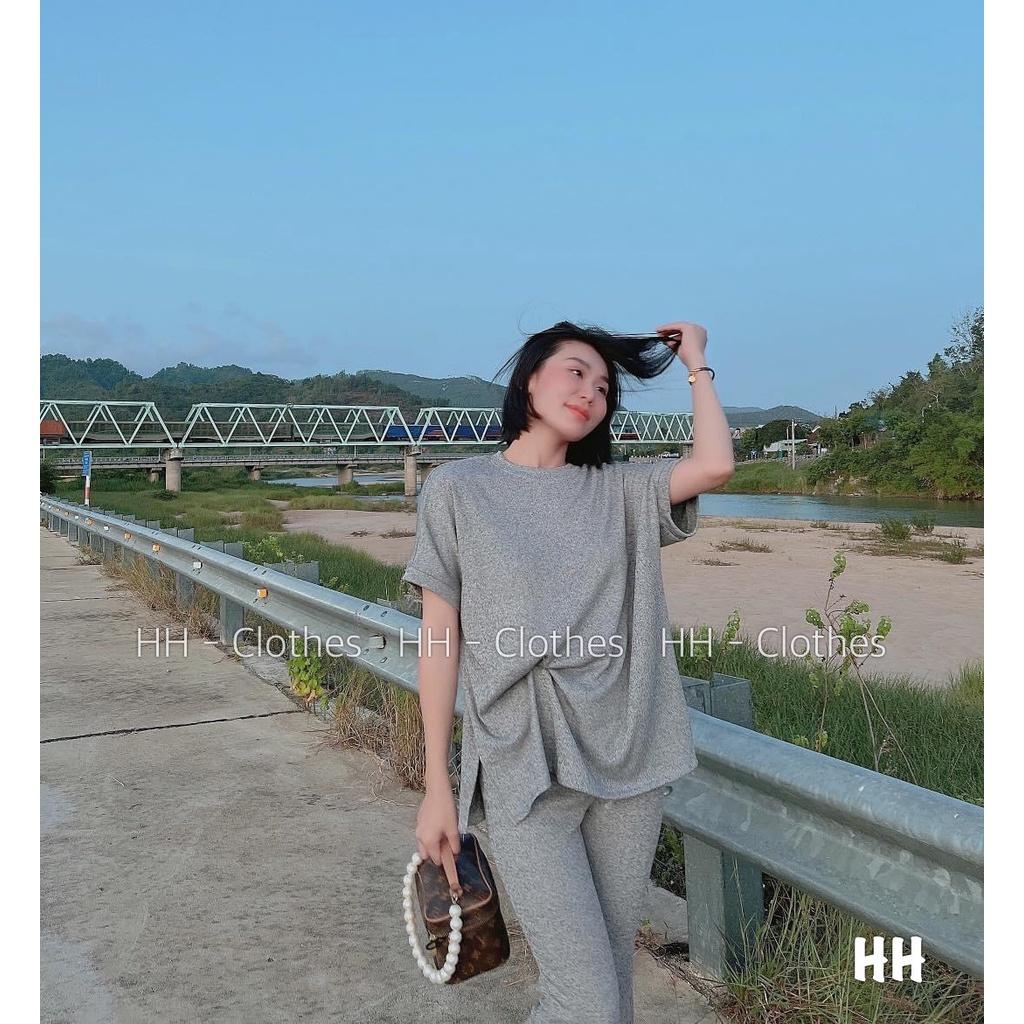 Set Áo Phông Tay Lỡ Kèm Quần Dài Vải Cotton Xám