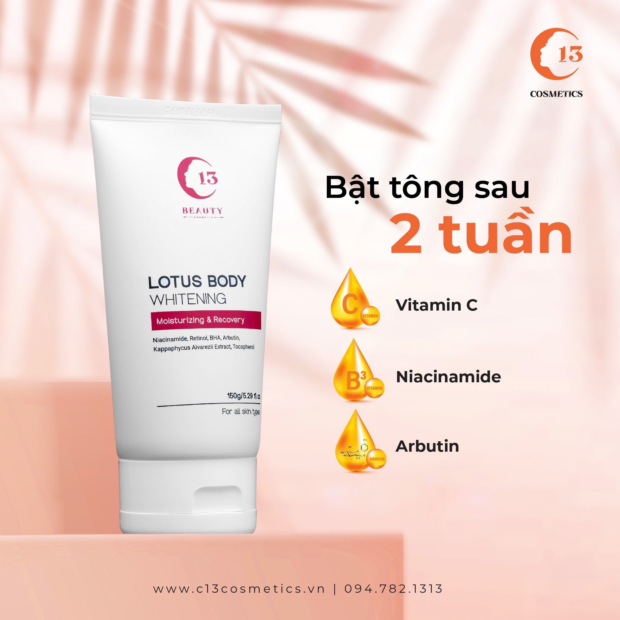 Kem Dưỡng Thể Ban Ngày Dưỡng Trắng, Bật Tone Sau 2 Tuần Lotus Body Whitening 150g C13 Cosmetics Thu Trang