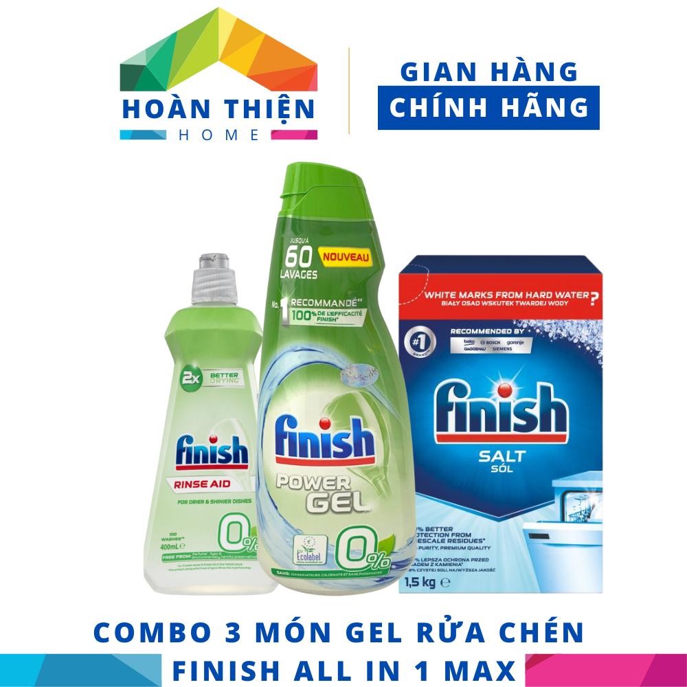 COMBO 3 món Finish Chai 900ml Gel Finish All in 1 Max + Hộp 1,5Kg muối + Chai 400ml nước bóng Finish dành cho máy