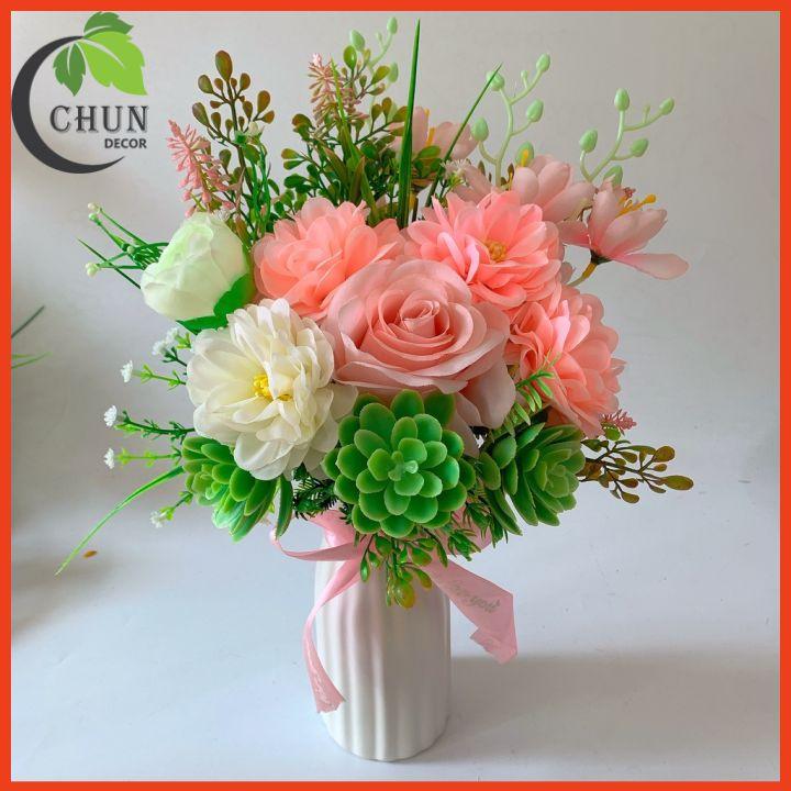 Bình Hoa Lụa Cao 35cm Màu Tươi Sáng Để Bàn, Kệ Tủ, Trang Trí Nhà, Văn Phòng, Cửa Hàng