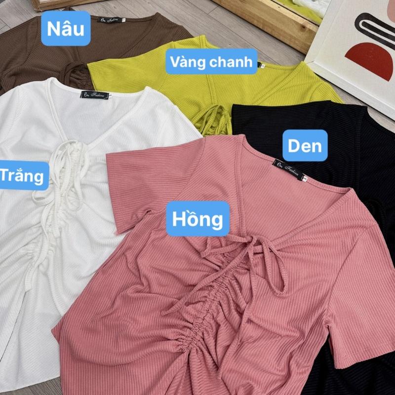 Áo thun croptop bigsize nữ tà nhọn cổ rút dây ở giữa tôn vòng một, Áo phông phom rộng chất gân tăm BIGSIZE CÔ NHỎ - G42