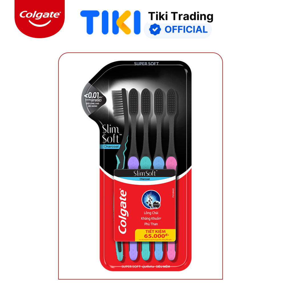 Bộ 5 Bàn chải đánh răng Colgate than hoạt tính kháng khuẩn SlimSoft Charcoal mềm mảnh