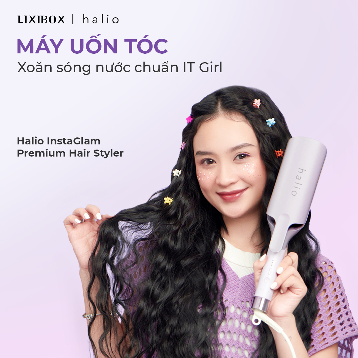 Máy Uốn Tóc Halio instaGlam Premium Hair Styler Tạo Xoăn Sóng Nước Hippie - Bóng Mượt x6 lần, Trục 28mm