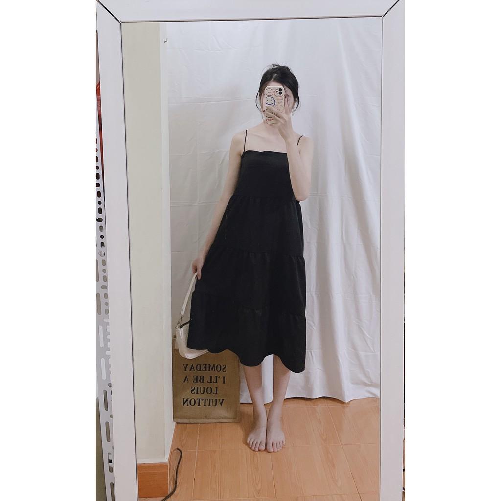 Váy, Đầm Maxi Đen Nữ 2 Dây Bún Hở Lưng Màu Đen
