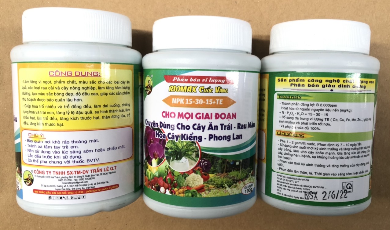 Phân bón vi lượng NPK 15-30-15 + TE cho mọi giai đoạn của cây trồng, rau kiểng - chai 100 gram Biomax