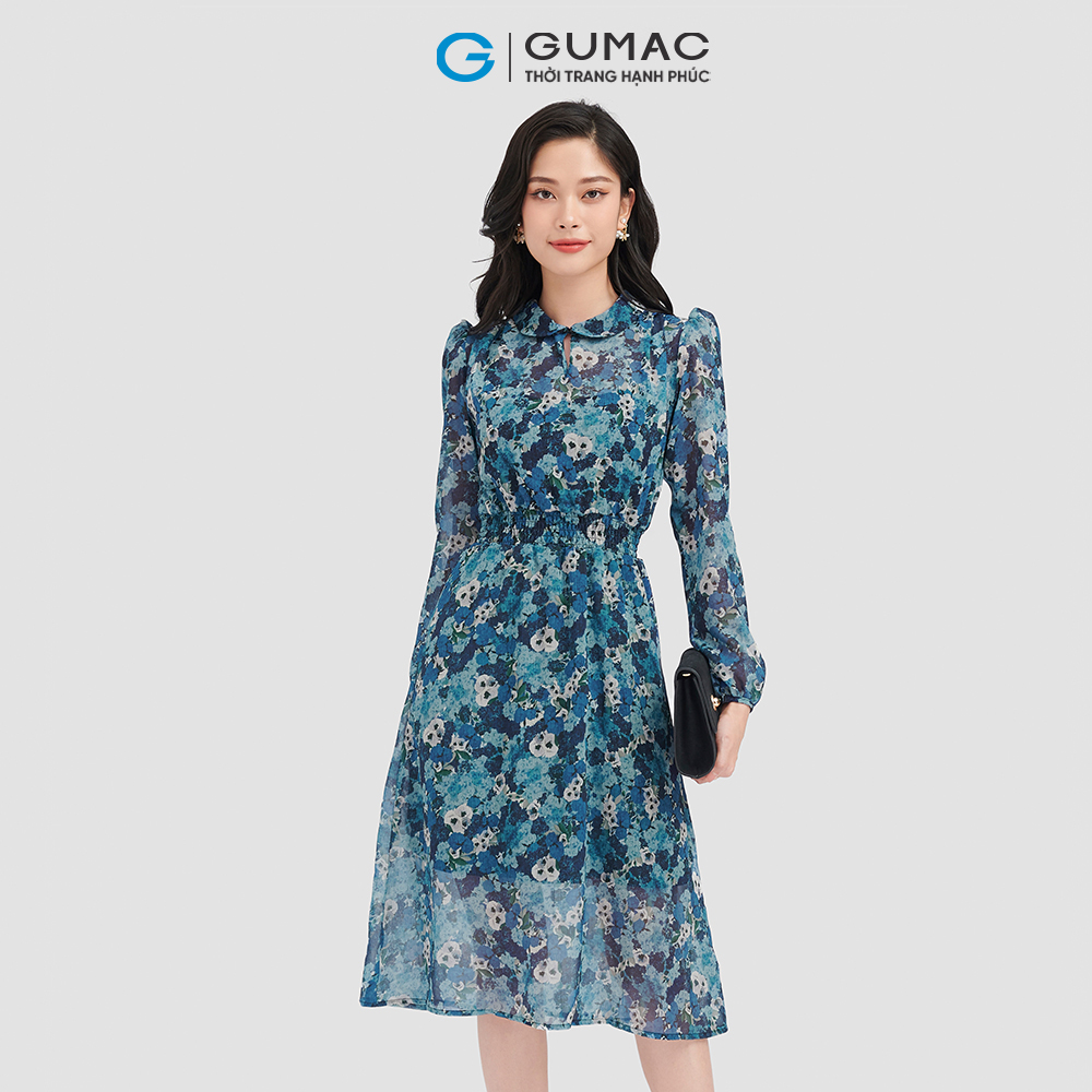 Đầm form A GUMAC LD0906 họa tiết tay dài eo nhún thời thượng