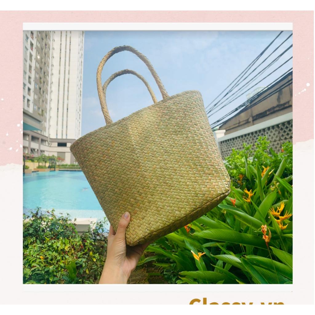 Túi cỏ bàng dáng bầu Classy , có lớp lót làm từ cỏ bàng 100% thiên nhiên, từ bàn tay thợ thủ công Việt Nam T985