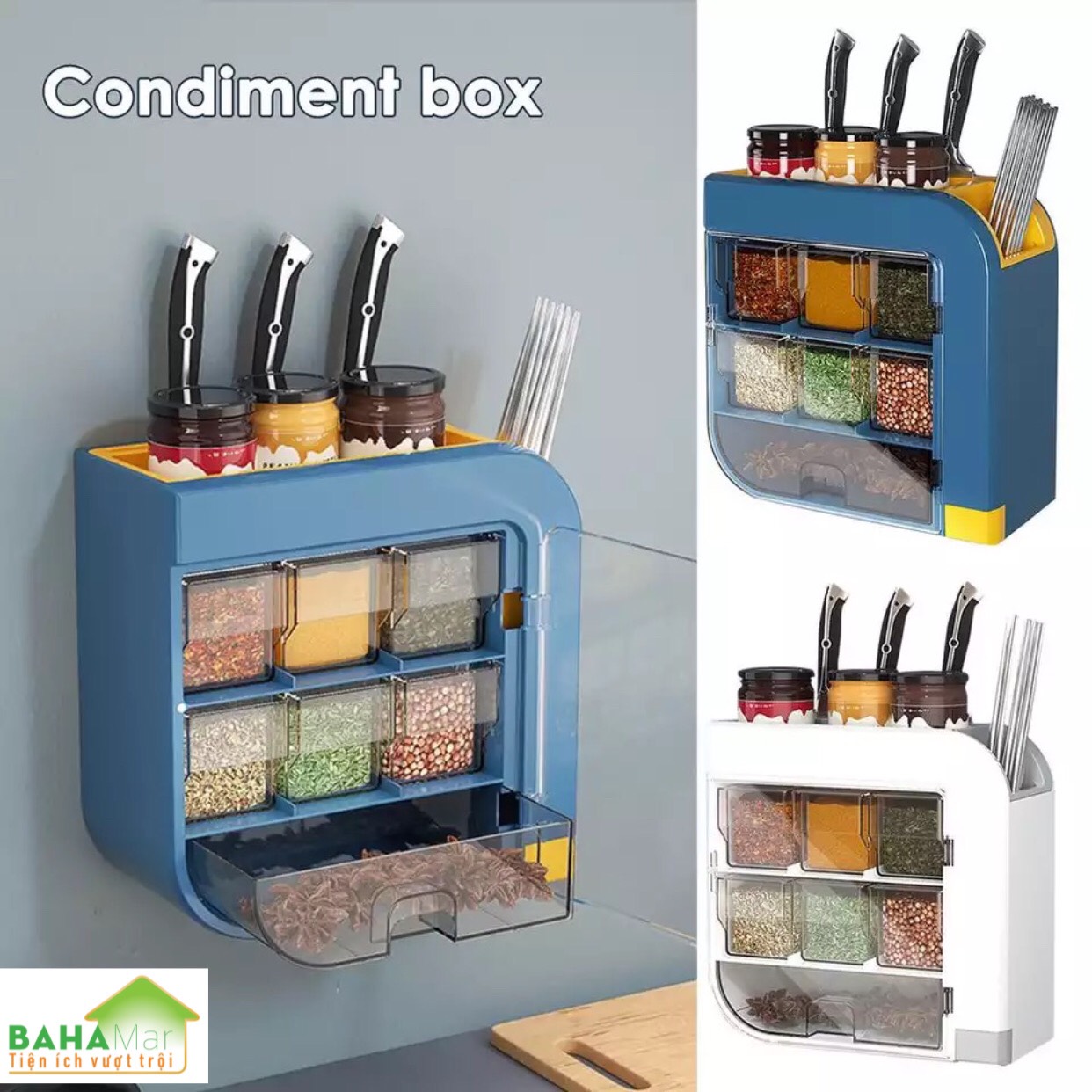 KỆ TREO TƯỜNG ĐA NĂNG ĐỰNG GIA VỊ NHÀ BẾP CẮM DAO VÀ ỐNG ĐŨA BAHAMAR sắp xếp và phân loại rõ ràng các loại gia vị và cắm dao đũa sạch sẽ khô ráo