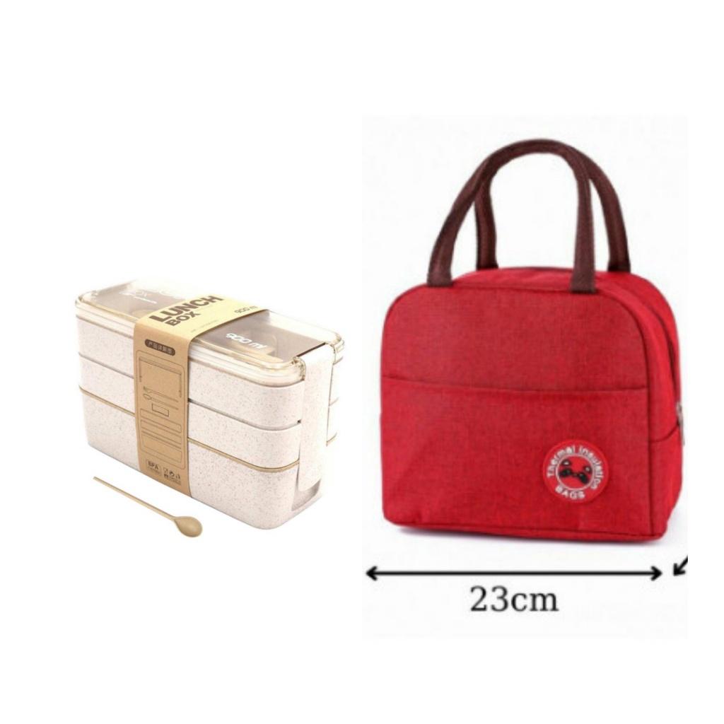 Combo hộp cơm lúa mạch 3 tầng 900ml+túi giữ nhiệt trơn logo gấu- Hộp cơm size ngang 17.5cm x cao 11cm x rộng 7.5cm