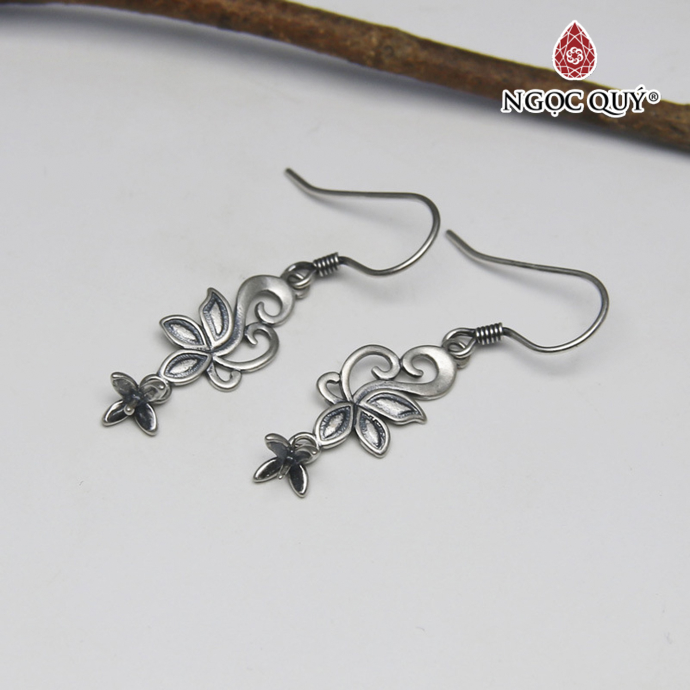 Bông tai bạc cành hoa gắng hạt treo (móc treo) - Ngọc Quý Gemstones