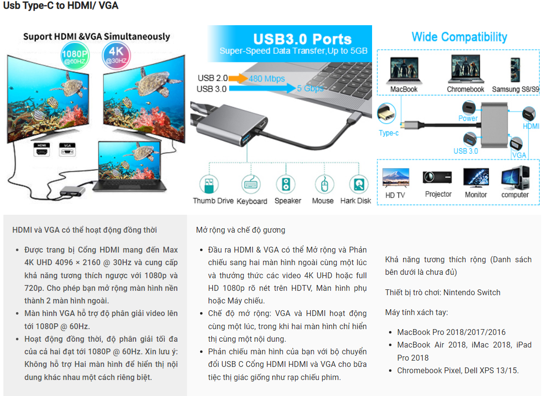 Cáp chuyển đổi từ chân Typec sang HDMI và VGA USB3.0 chất lượng 4K cho macbook điện thoại kết nối với tivi máy chiếu hỗ trợ DEX cáp typec to HDMI+VGA hub chuyển đổi usb type-C