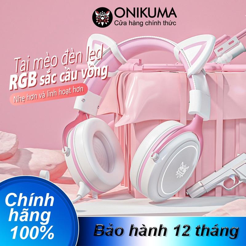 Tai nghe chơi game âm thanh nổi ONIKUMA X10 màu hồng trắng với micrô tai mèo RGB, có sẵn máy tính PC