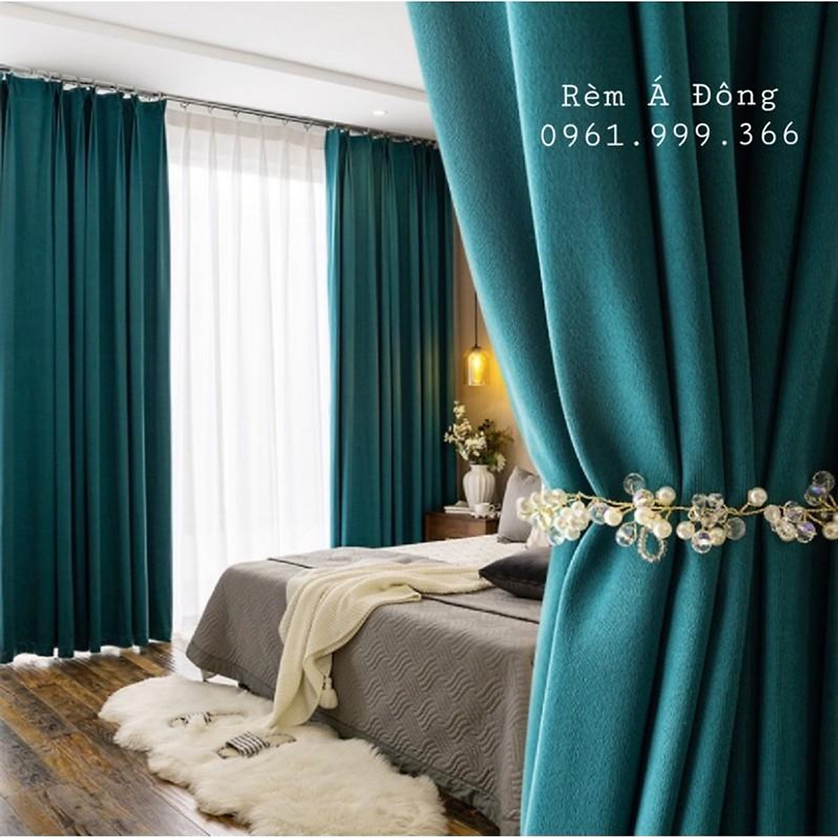 HN_Rèm cửa nhung tuyết màu xanh cổ vịt sang chảnh - Cao cố định 2.0m