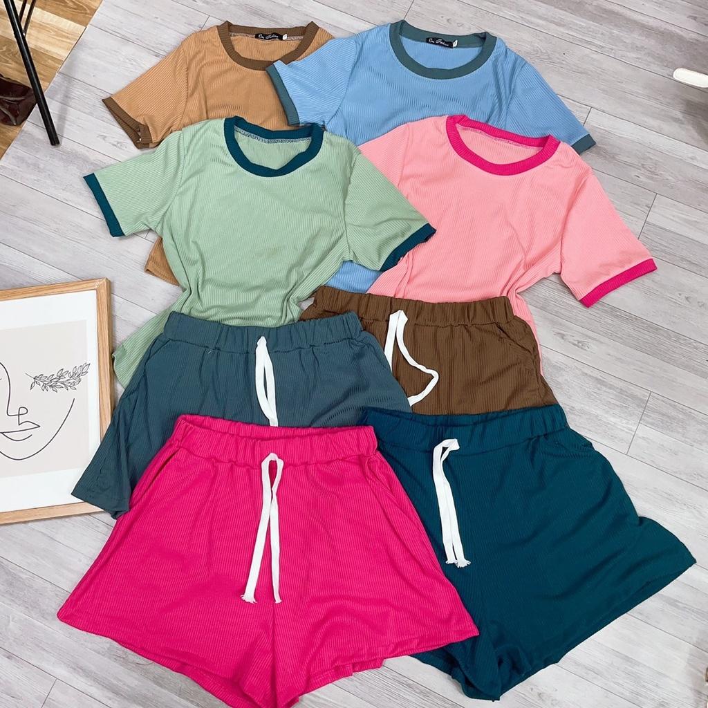 Set bộ bigsize nữ 2 món gồm áo thun cổ tròn viền kết hợp quần đùi thun cột dây hàng thiết kế chất liệu gân- SET11