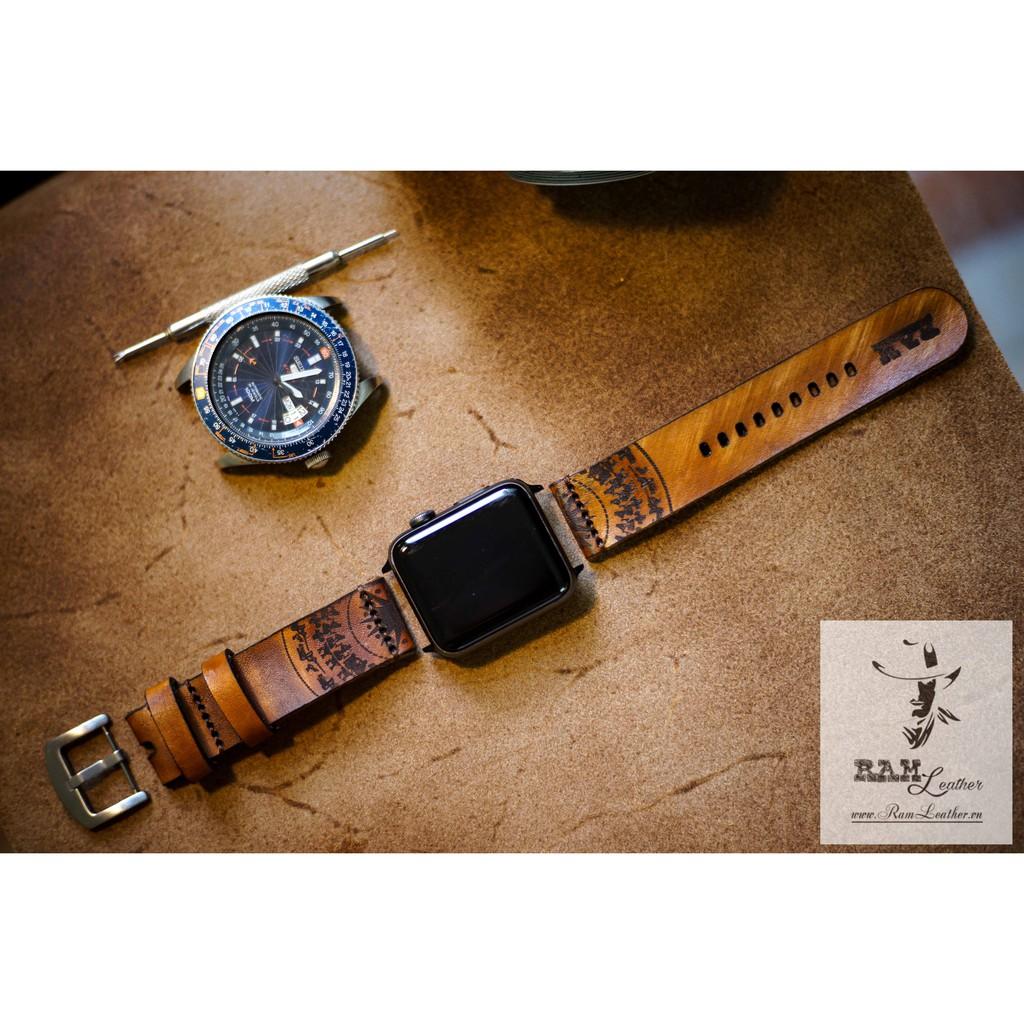 DÂY ĐỒNG HỒ RAM SIMPLE TRỐNG ĐỒNG DA BÒ THẬT VEGTANLIGHT SỌC CHÉO-ĐỦ SIZE 18MM , 20MM , 22MM ,APPLE WATCH