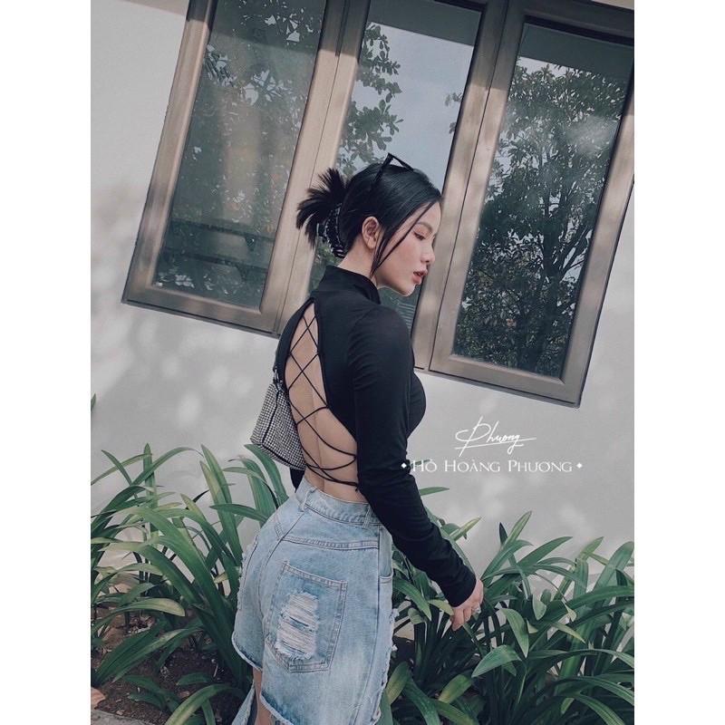 Áo croptop tay dài cổ cao đan dây lưng
