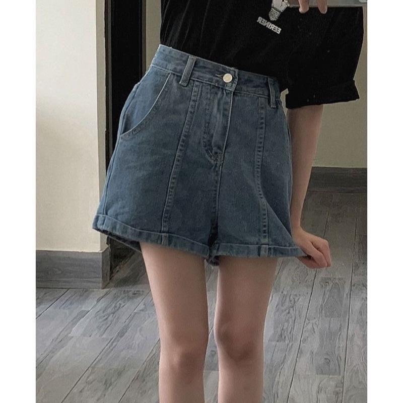 Quần Short Jean Nữ Màu Xanh Basic, Quần Đùi Chất Bò Dáng Ngố Lửng Ống Rộng Có Túi Hai Bên Loại 1 Dày Mịn Tay