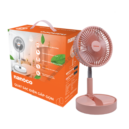 Quạt Sạc Điện Gấp Gọn Nanoco NFF1617P Màu hồng - Hàng chính hãng