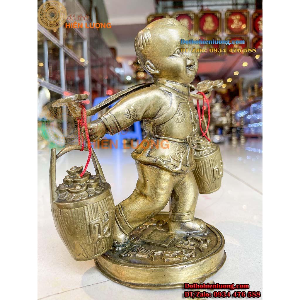 Đồng Tử Nam Gánh Gậy Như Ý 2 Thùng Kim Bảo Bằng Đồng Phong Thủy