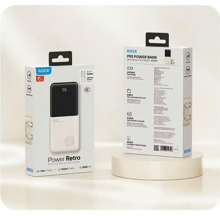 Pin sạc dự phòng Rock P55 Rockspace 10.000mAh tích hợp dây sạc - hàng chính hãng bảo hành 12 tháng