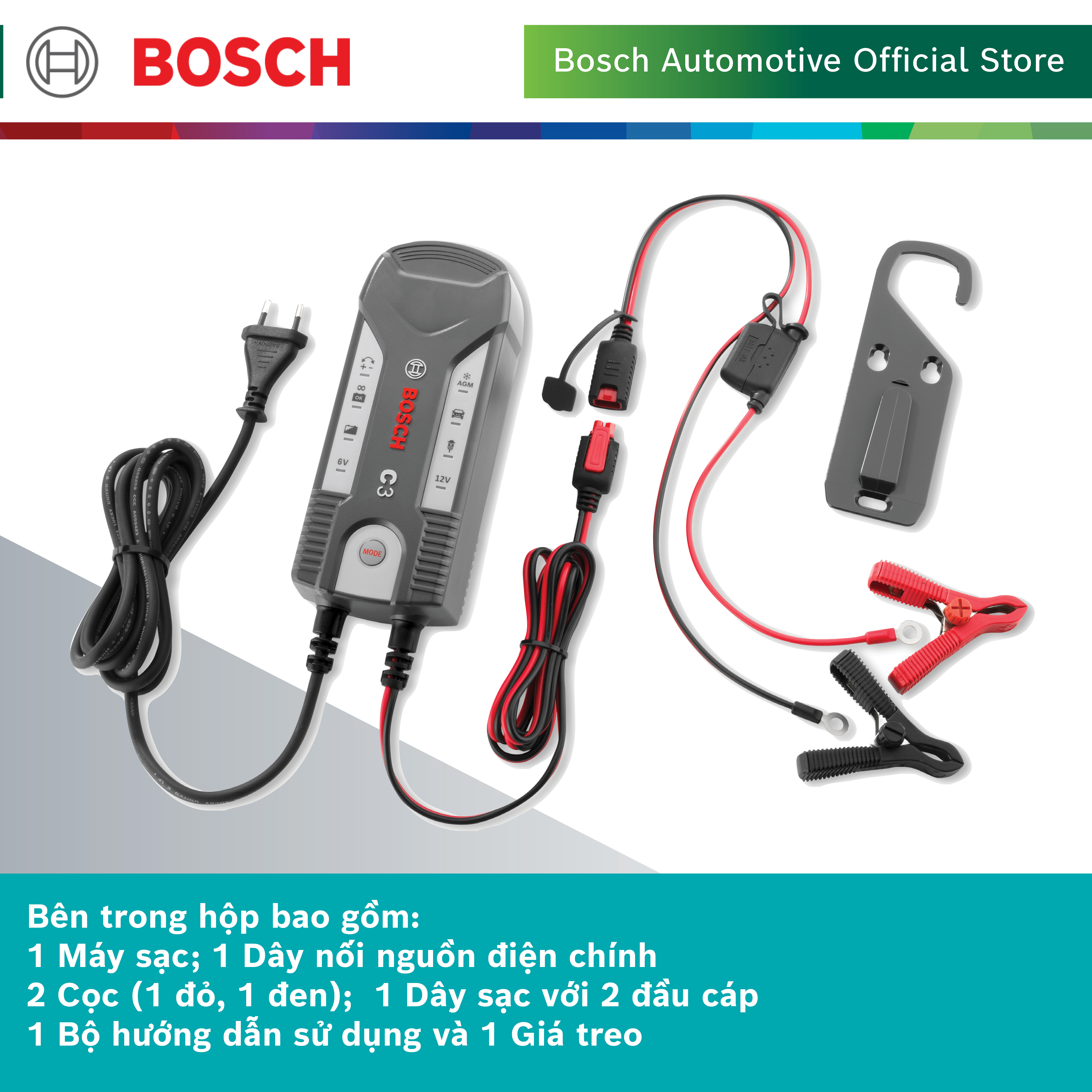 Máy sạc bình ắc quy cho ô tô xe máy Bosch C3 - Hàng chính hãng