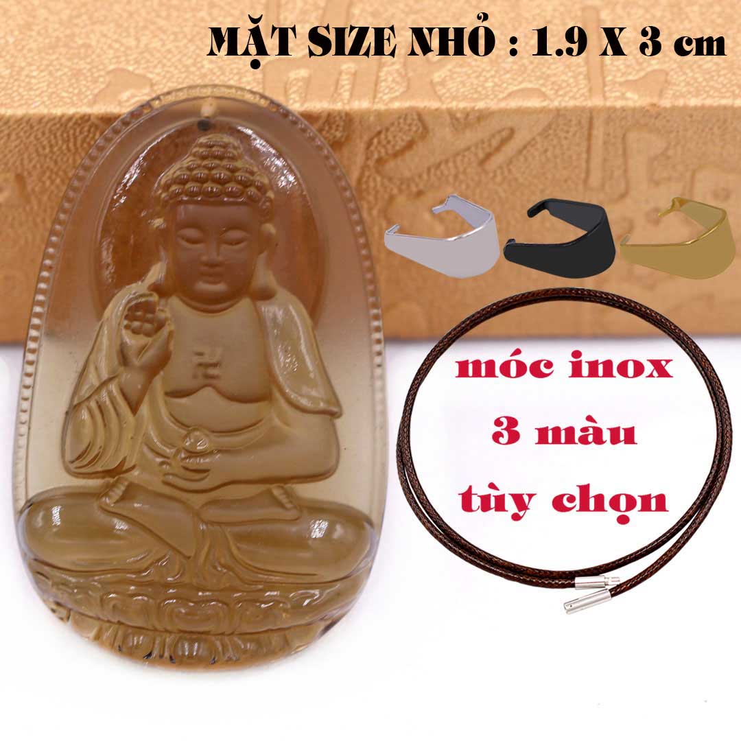 Mặt Phật Bất động minh vương đá obisdian  1.9cm x 3cm  kèm vòng cổ dây cao su nâu + móc inox vàng, Phật bản mệnh, mặt dây chuyền