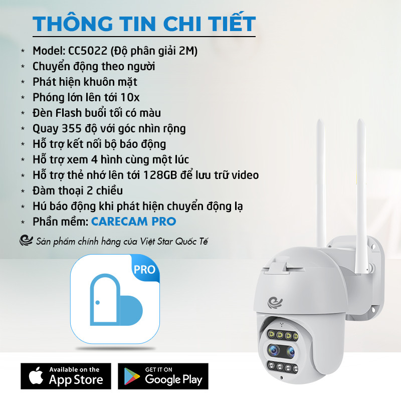 Camera WIFI Xoay Ngoài Trời Chống Nước Việt Star Quốc Tế 2 Ống Kính, Độ Phân Giải 2K, Báo Động Nhận Diện Khuôn Mặt - Hàng Chính Hãng