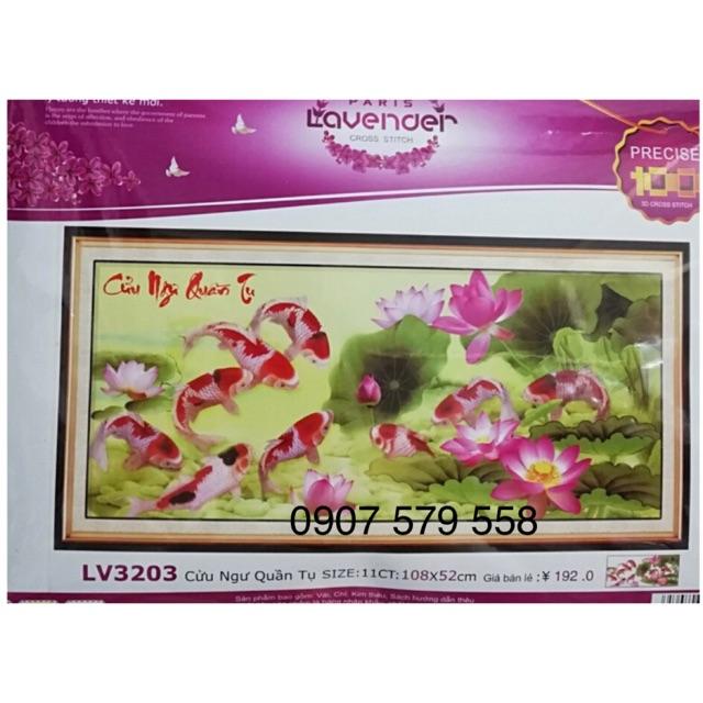 Tranh thêu cửu ngư quần tụ lc3203 kt 108x52 cm