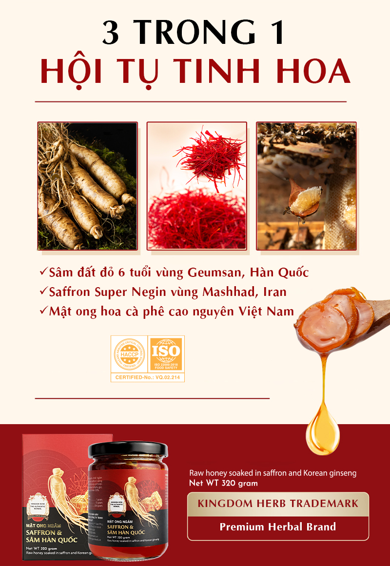 Sâm mật ong saffron Kingdom Herb chính hãng thượng hạng hộp 320g (tặng que lấy mật và bình thuỷ tinh)