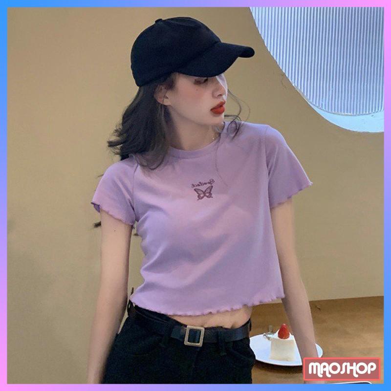 Áo Croptop ôm tay ngắn hình bướm, áo croptop body ngắn tay chất co giãn phong cách ulzzang Hàn Quốc C32 - Maoshop