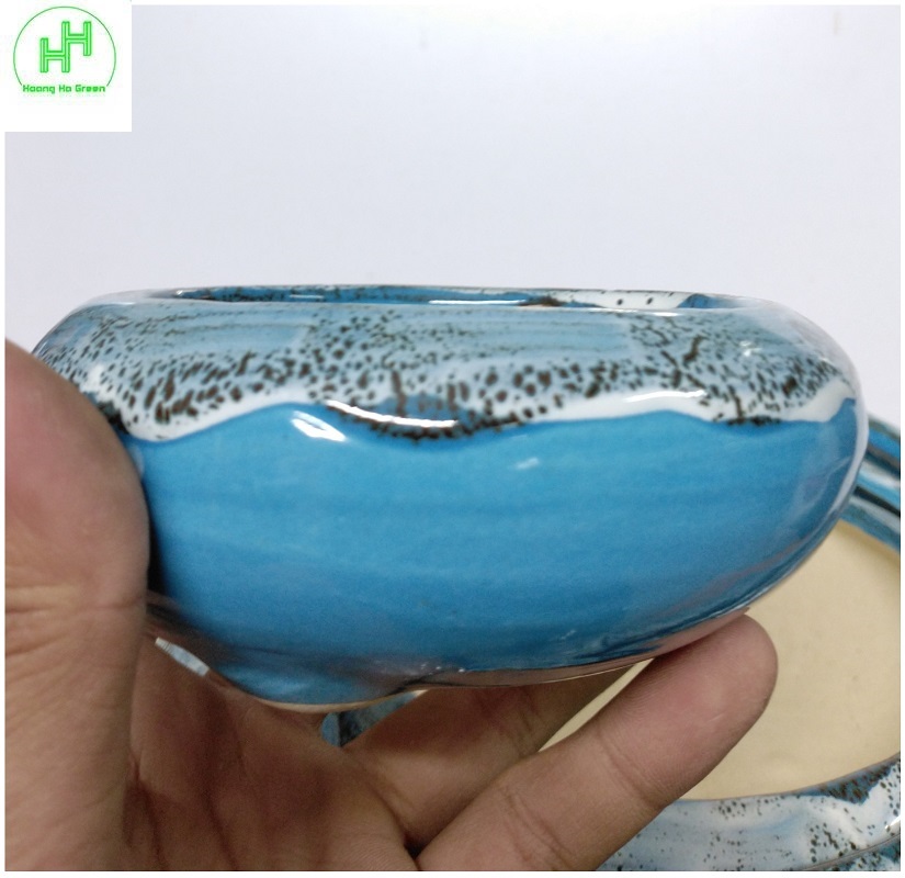 Bộ 4 Chậu gốm sứ BT trồng hoa, cây bonsai đủ kích thước, hoa văn độc đáo - Màu xanh ngọc bích