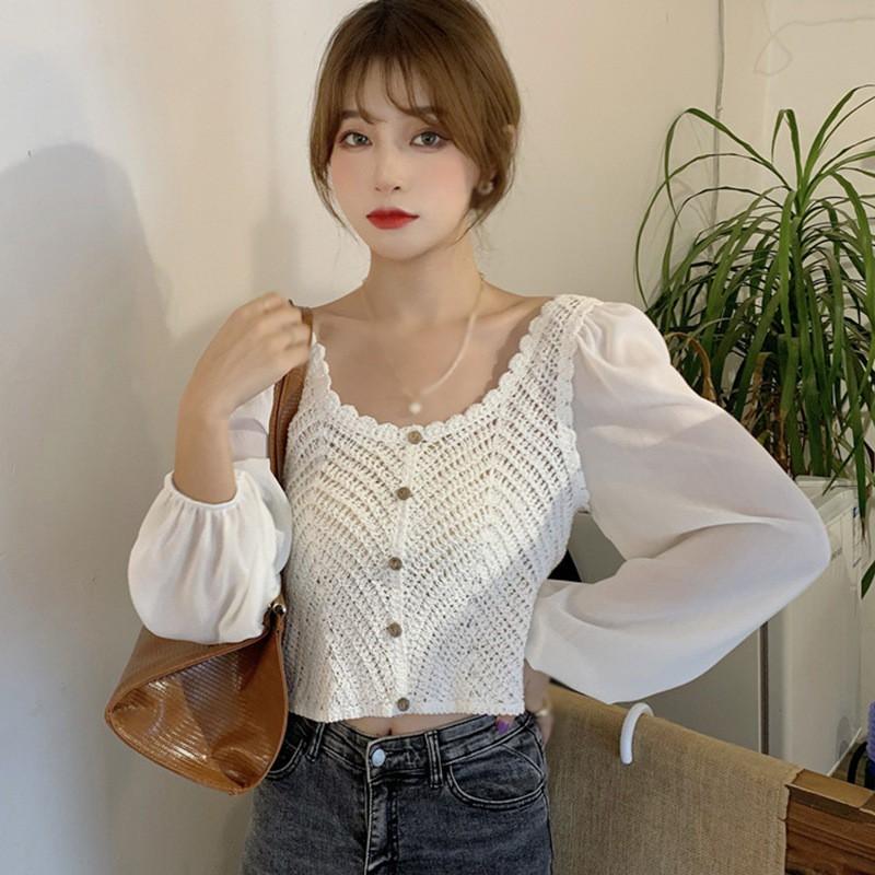 Áo kiểu dệt kim cổ chữ V thời trang cho nữ