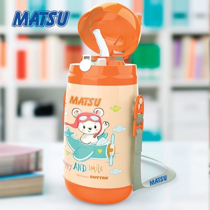 Bình Nước Học Sinh MATSU 400ml Nhựa Có Ống Hút Tặng Dây Đeo Bé Trai Bé Gái