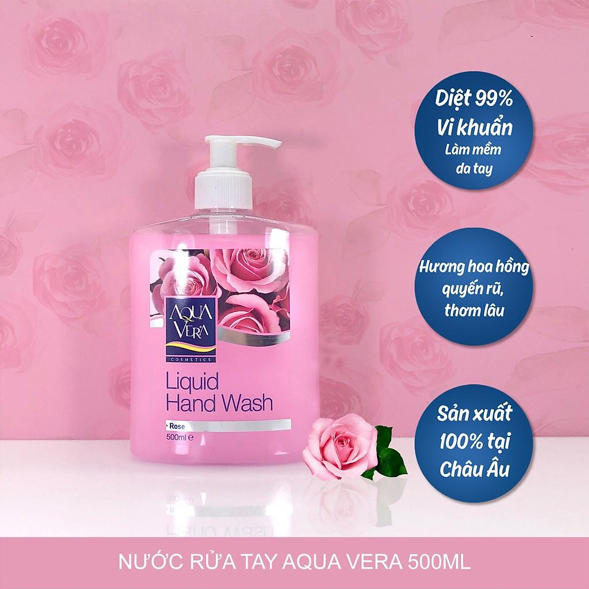 Nước rửa tay dưỡng da AquaVera hương hoa hồng 500ML