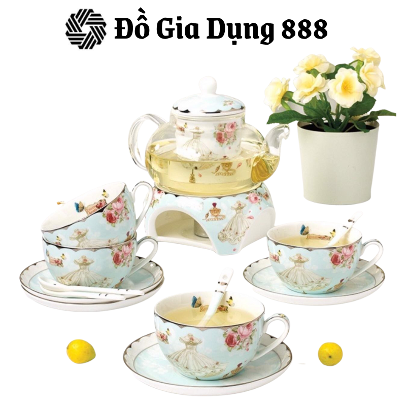Bộ Ấm Trà Sứ Xương Châu Âu Floris, Chất Liệu Sứ Xương, Họa Tiết Châu Âu Đẳng Cấp, Nhập Đức