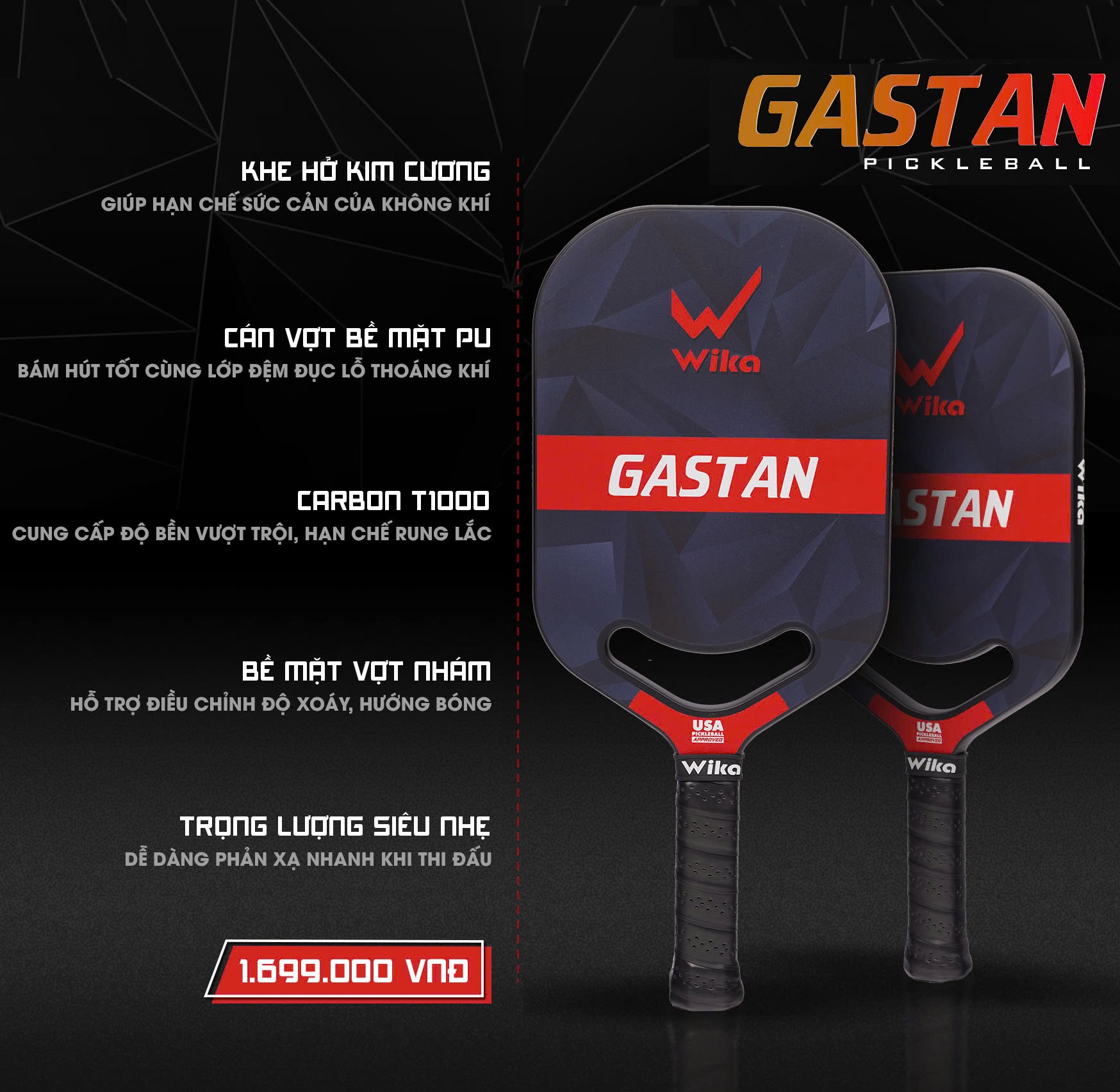 Vợt chơi Pickleball cao cấp Wi-ka Gastan - mặt vợt nhám, Carbon T1000