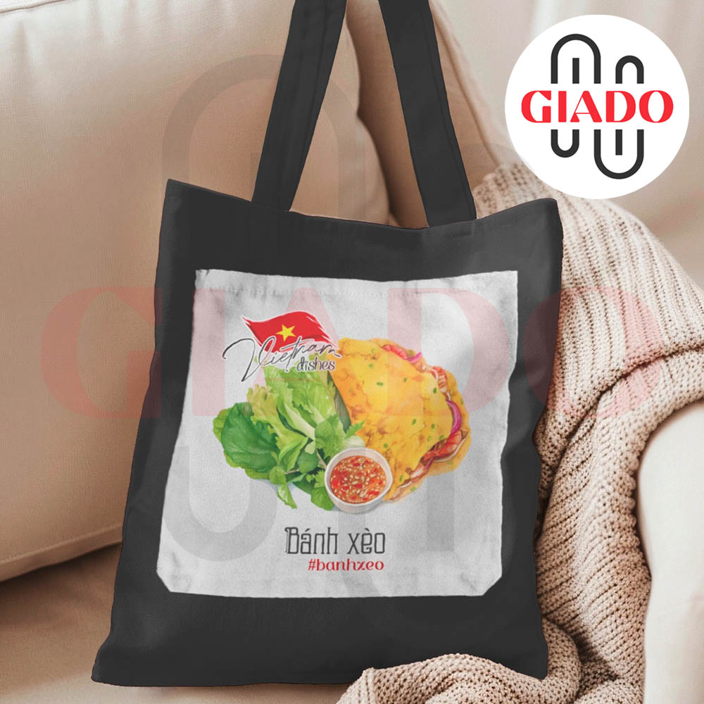Túi canvas GIADO, túi canvas đen, túi tote in hình món ăn Việt Nam mẫu bánh xèo