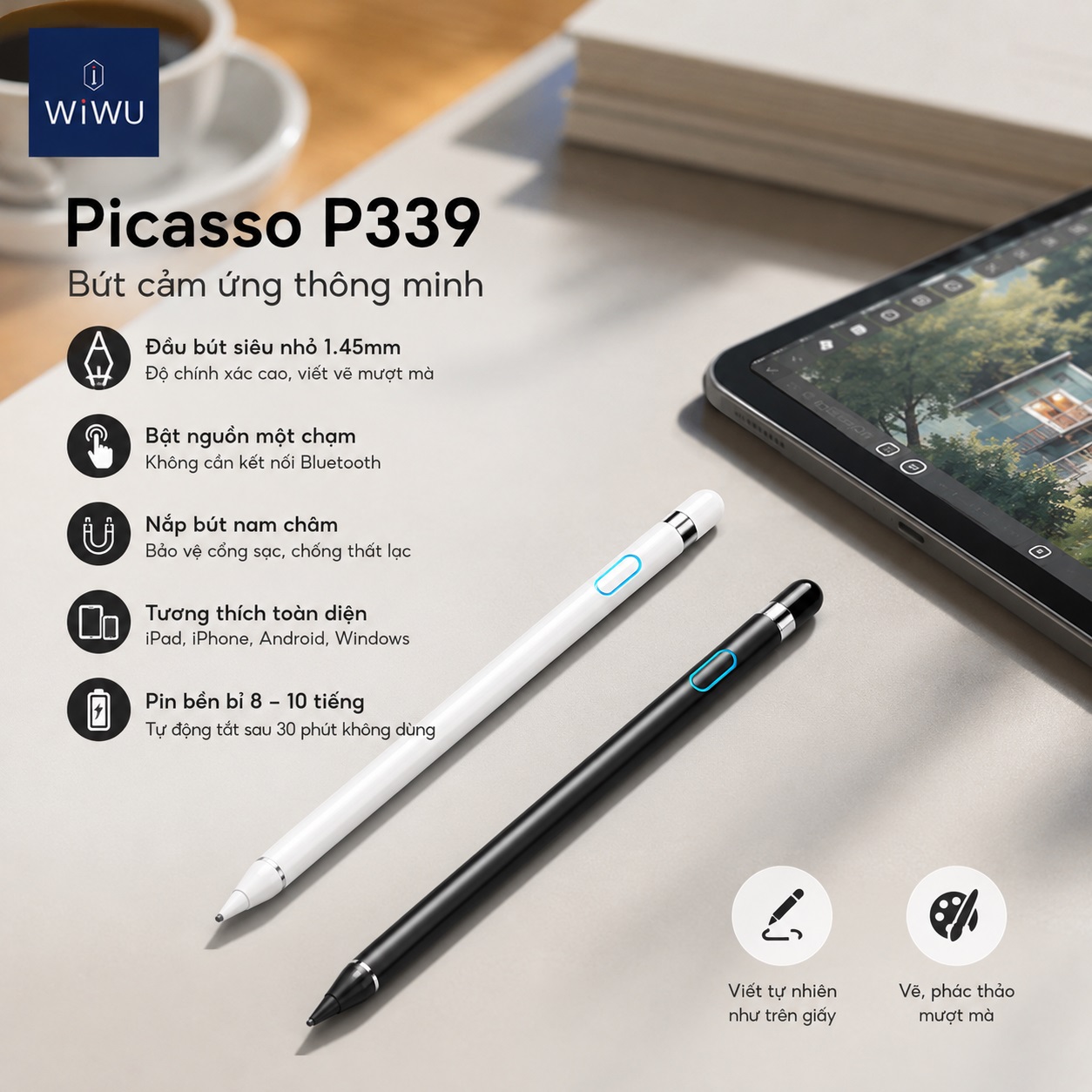Bút cảm ứng đa năng thông minh tương thích mọi dòng máy bật là viết đầu bút 1.45mm WIWU Picasso P339 tương thích iPhone iPad Androids Windows Pin 10h, Bật Là Dùng - Không Cần Bluetooth, Viết Tự Nhiên, Vẽ Mượt Mà, Tương Thích Đa Thiết Bị - Hàng nhập khẩu