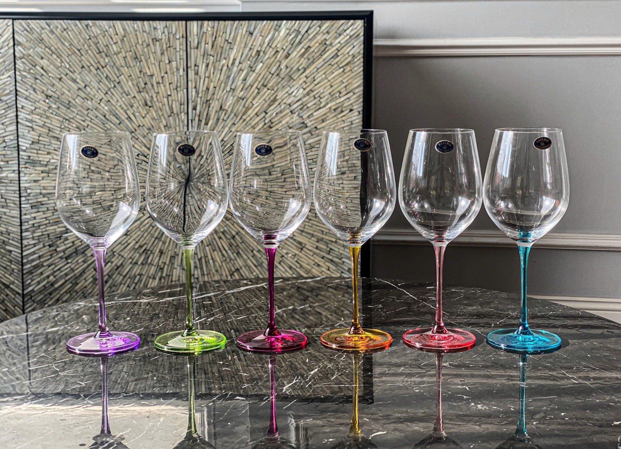 Set 6 ly vang Uria màu chân 480ml Crystal Bohemia hàng chính hãng
